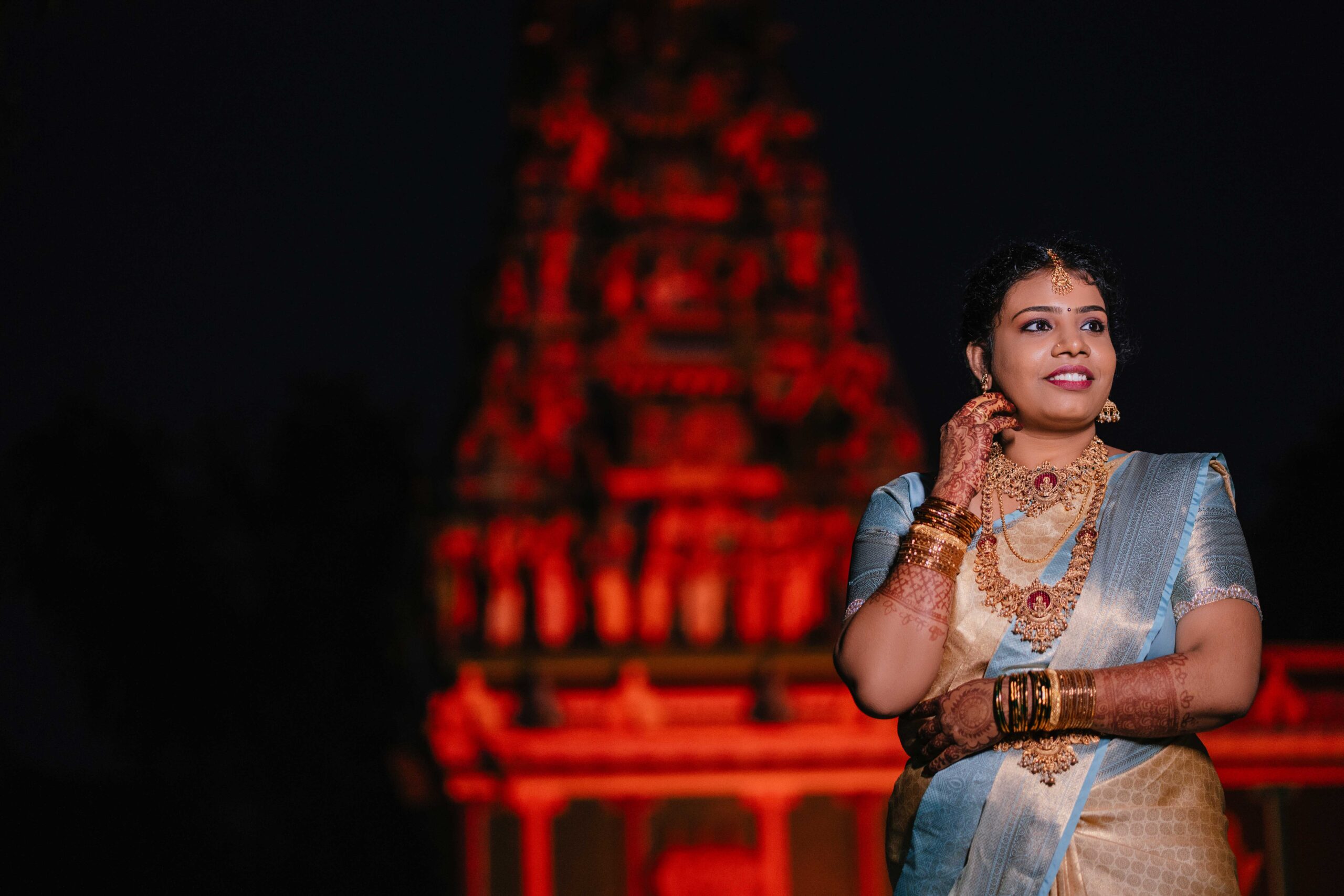 Tamil Wedding Bride in Temple Backdrop